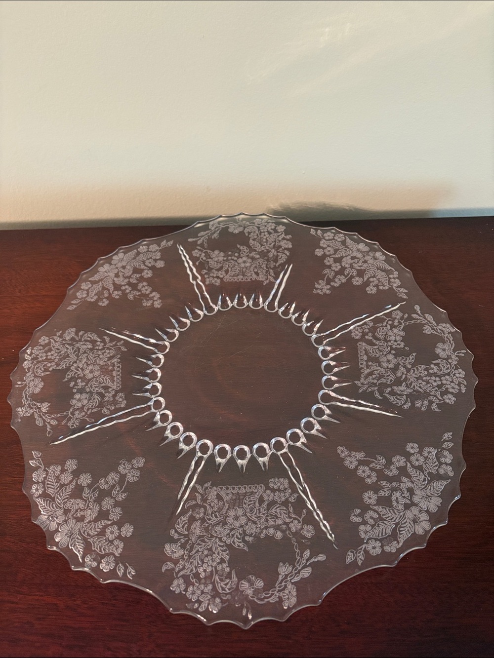 Clear Etched Glass Serving Platter - Floral Pattern